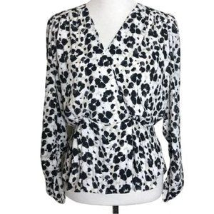 Cabi Blouse Peplum 5898 Rosette Leopard Animal Print‎ Ruched Sleeve Wrap  Small